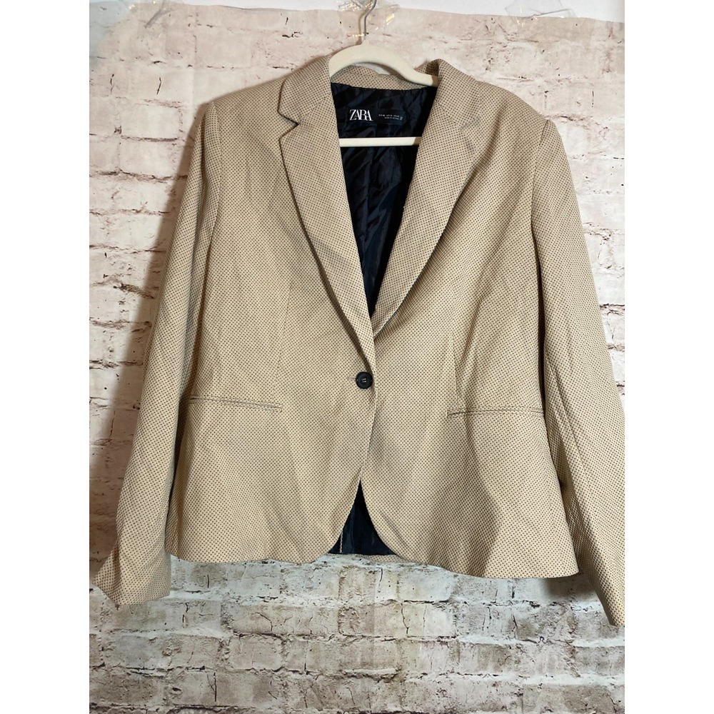 ZARA Zara Perforated Embroidery Blazer 14 Tan with Black Speckles One‎ Button